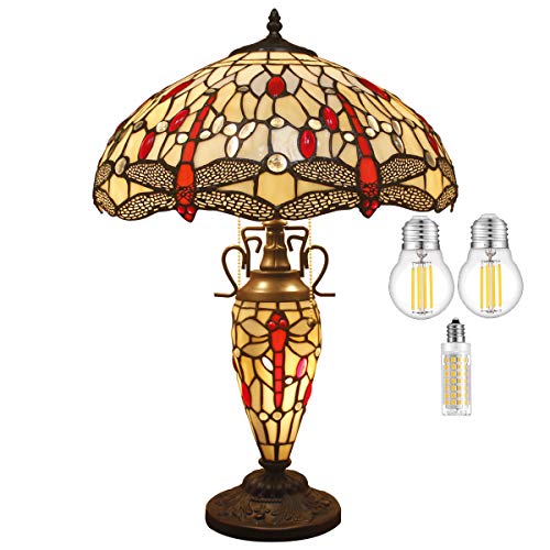 Tiffany Lamp with Nightlight 24" Tall Rustic Large Amber Stained Glass Dragonfly Table Lamp Vintage Base Lover Living Room Bedroom Bedside Nightstand Home Office Family WERFACTORY Led Bulb Included