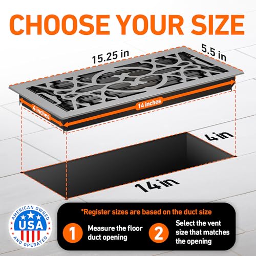 4X14 Floor Vent Cover Floor Register with Mesh Cover Trap, Heat and Air, Walkable Metal Floor Vent for HVAC Duct, Victorian, Light Gray