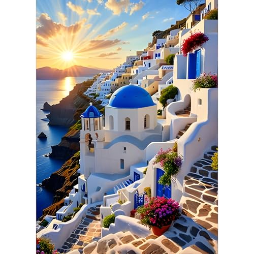 GDYEEH 5D Santorin Peinture Diamant Painting Kit, DIY Église Art du Diamant Complet Kits, Coucher de Soleil Diamond Art Kits Strass Point de Croix Painting...