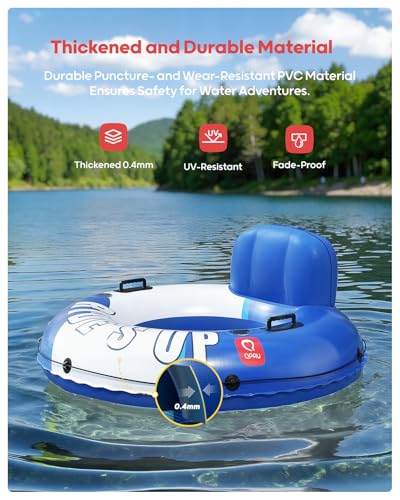 Image of QPAU Inflatable River Tube, 0.4 mm Thickened Puncture-Resistant Heavy Duty River Float, River Raft with Ergonomic Backrest, Mesh Bottom & 2 Cup Holders for Adults and Friends Lake Float