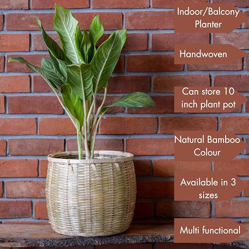 Image of Bamboo Basket - Versatile Indoor & Outdoor Use for Balcony, Terrace, Garden, Bedroom, Living Room, Flower Pot Storage for Toys, Clothes, Magazine (Medium)