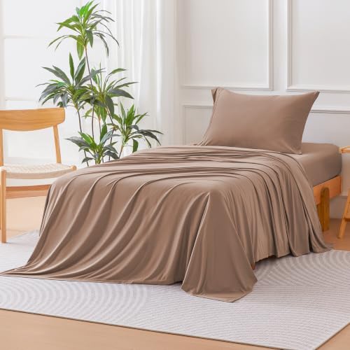 Image of Amazon Basics Jersey Knit 3-Piece Sheet Set, Wrinkle Resistant and Easy Fit, Includes 16 inch Deep Pocket Fitted Sheet, 1 Flat Sheet and 1 Pillowcase, Twin, Light Brown