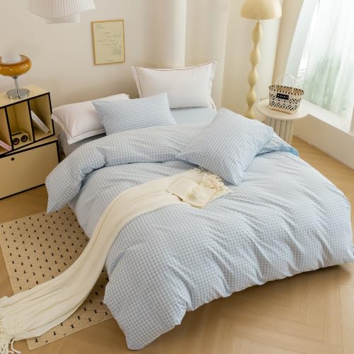 Image of ECOCOTT Gingham Duvet Cover Bedding Set 100% Washed Cotton Linen Like King