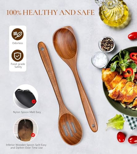 2Pcs Wooden Spoons for Cooking, Natural Teak Wood Corner Spoon and Slotted Spoon, Nonstick Smooth Wooden Cooking Spoon Set, Heat Resistant Wooden Utensils, for Cookie Non Stick Kitchen Utensil - Image 3