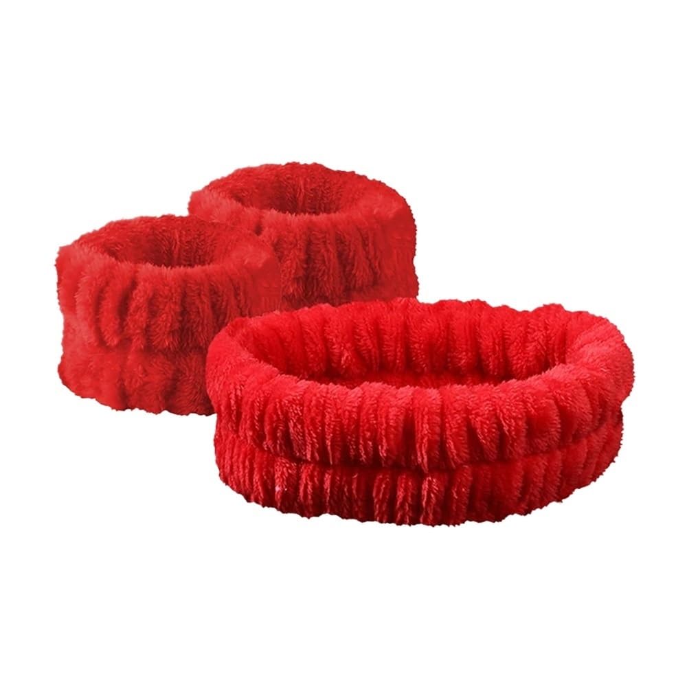 UYFRD Flanell-Kopf-Handbänder-Set, rutschfest, saugfähig, Uni, Make-up, Gesicht, Spa, Yoga, Haar-Handgelenkhalter, Rot, 3 Stück