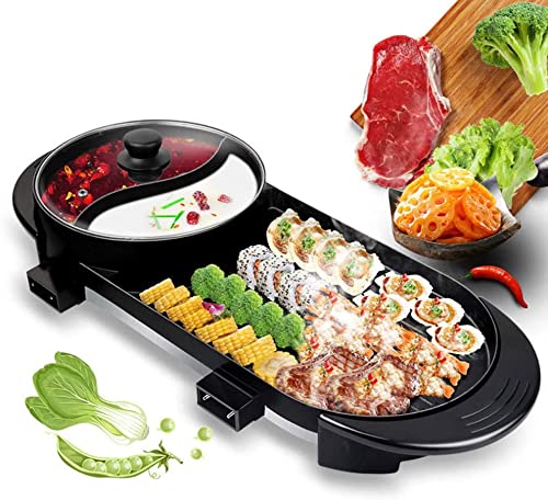 TOPQSC Smokeless Grill Hot Pot, Indoor Teppanyaki Grill/Shabu Pot with Divide Temperature Contral, Capacity for 3-8 People Family Gatherings.