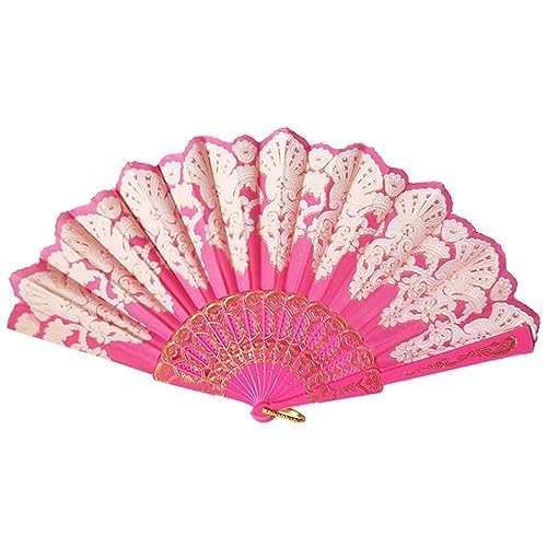 TERRIFI Pink Lace Handheld Folding Fan, Elegant Vintage Chinese Style, 2 cm (D) x 2.4 cm (W) x 24 cm (H), Foldable, Pink