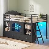 DICTAC Low Loft Bed Twin Size with 6 Storage Drawers, Bookcase & LED Lights, Kids Loft Bed with Upholstered Headboard, Secret Play Space, Metal Loft Bed with Safety Guardrail & Inclined Ladder, Black