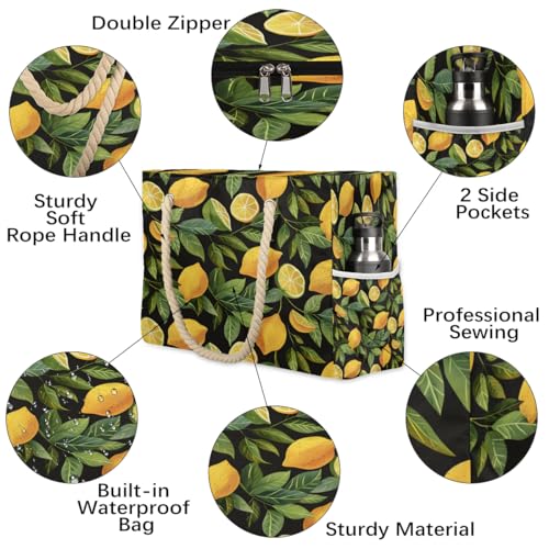 cfpolar Fresh Yellow Lemon Beach Bag for Women Ladies Large Beach Pool Tote Bag Sandproof Beach Tote with Zipper Gym Tote Carry On Bag Reusable Grocery Shopping Bag for Weekender Travel Daily3