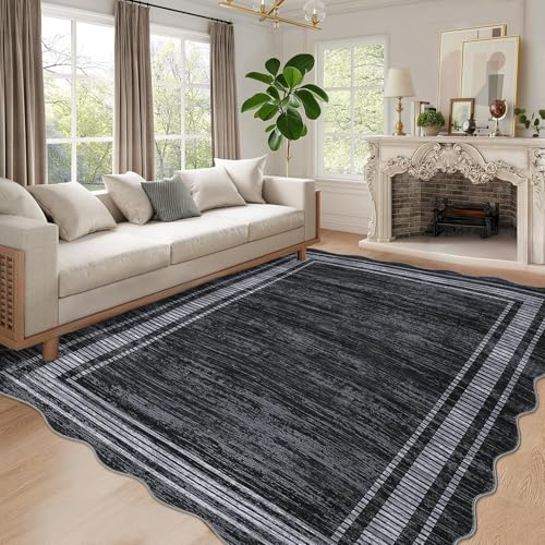 GarveeHome Scalloped 8x10 Rugs Washable Area Rugs for Living Room, Modern Bordered Solid Rug for Bedroom, Abstract Scalloped Non-Slip Stain Resistant Carpet for Dining Room Home Office Dorm,Black