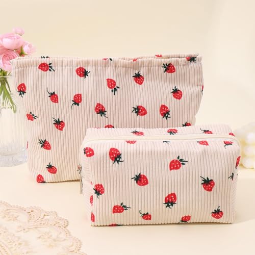 LYDZTION 2PCS Cute Corduroy Makeup Bag Set for Women, Small Travel Toiletry Bag, Coquette Cosmetic Portable Versatile Zipper Pouch - Strawberry3