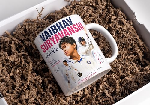 Image of Cricket Theme Coffee Mug IPL Edition - Stylish Helicopter Shot Print Cup - Gift for Cricket Fans, Boys & Friends (Vaibhav Suryanshi-2, Large)