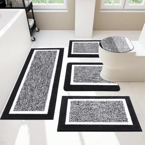 Pauwer Bathroom Rugs Set 5 Piece Plush Absorbent Microfiber Bath Mats for Bathroom Non Slip Washable Bath Rug Set with U Shaped Contour Toilet Rugs Shower Rug and Toilet Lid Cover Black