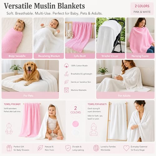 Image of Aablexema Muslin Baby Blanket Set of 2, 6-Layers 43 x 43 Inches Baby Bath Towel Swaddle Wrap Blankets for Newborn Girls(White & Pink)
