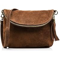 Firenze Artegiani Bolso Bandolera de Mujer en Piel auténtica, Acabado Gamuza, Solapa con Bolsillo con Cierre Cremallera, 24 cm, Marrón Oscuro
