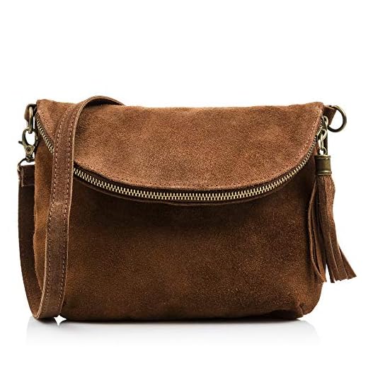 Firenze Artegiani Bolso Bandolera de Mujer en Piel auténtica, Acabado Gamuza, Solapa con Bolsillo con Cierre Cremallera, 24 cm, Marrón Oscuro