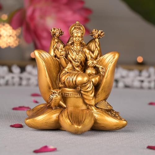 Artarium Padma Lakshmi Statue, 2.8 Inch Goddess Lakshmi Idol with Owl, Handmade Golden Resin Hindu Goddess Figurine for Car Dashboard, Home Temple, Pooja Room, Office Desk & Spiritual Decor