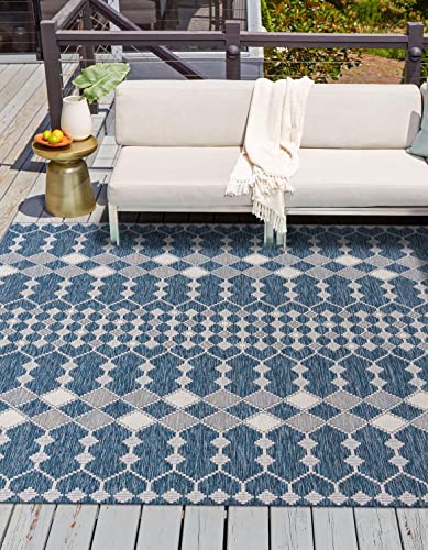 Unique Loom Outdoor Trellis Collection Area Rug - Traliccio (10' Square, Blue/ Ivory)