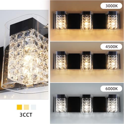 Image of MantoLite Modern Crystal Bathroom Vanity Light, 3CCT Matte Black Wall Light | 3-Light Bathroom Lighting Fixtures With Glass Shade Over Mirror,Bedrooms,Living Room or Dining Areas