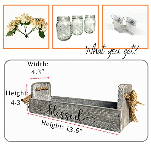 Mason Jar Centerpiece For Table - Besuerte Country Kitchen Decor With Thankful Farmhouse Box, Led String Light & Decorative Flowers For Home Kitchen Utensil Holder, Coffee Table Display #TOP3