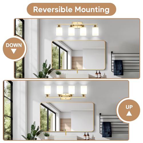 Image of Ascher Bathroom Light Fixtures, 4-Light Vanity Light Over Mirror, Gold Wall Sconces with Milky White Frosted Glass Shades, Wall Lamp for Living Room Bedroom, E26 Base(Bulbs Not Included)