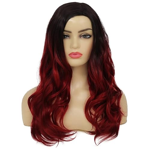 Miniatura 2 de Kaneles Peluca rizada de color rojo degradado, pelucas de cabello largo ondulado para mujer, pelucas de fibra sintética negra y roja para fiesta de