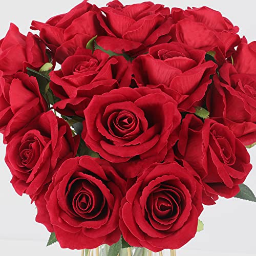 Cloudecor 15Pcs Fake Roses Velet Roses Long Stem Artificial Flowers Silk Flowers for Home Wedding Decoration (Round Roses,Dark Red) - Image 4