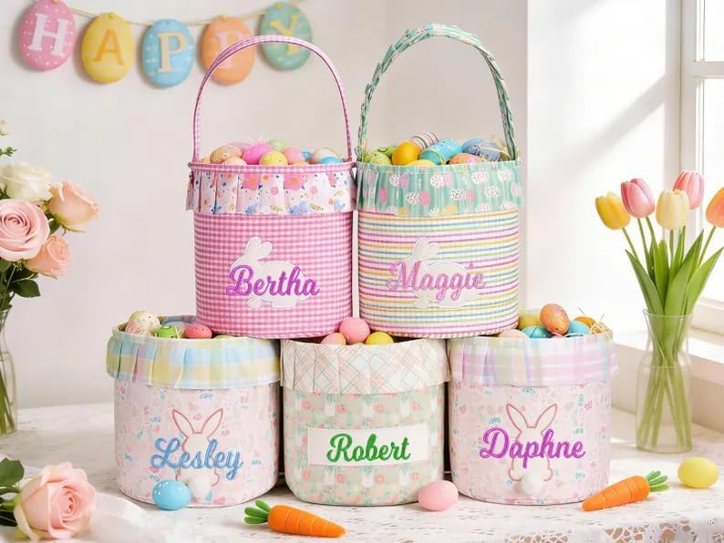 Personalized Easter Basket with Name For Kids, Custom Embroidered Floral Bunny Storage Bucket, Egg Hunting Bags for Toddler Boy Girls, Cotton Rabbit Party Tote, Decorative Newborn Baby Birthday Gifts - Image 3