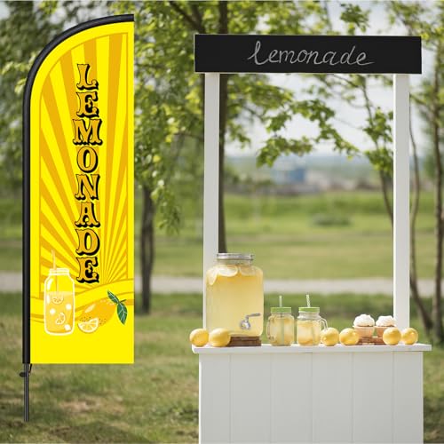 Image of Remagr 2 Pack Lemonade Feather Flag 7 ft Advertising Swooper Flag Sign Windless Lemonade Banner with Pole Kit and Ground Stake for Businesses Restaurants Outside Ground(Yellow)