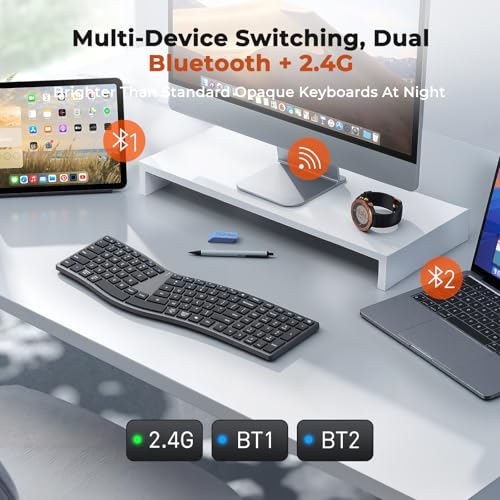 Image of MEETION Wireless Ergonomic Keyboard, Split S-Curve, Bluetooth & 2.4G, Black | Rechargeable full-size keyboard with slim low-profile keys, Bluetooth and 2.4G wireless for Windows, Mac, PC and laptop