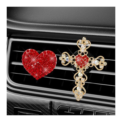 Image of 2 PCS Bling Car Vent Clip, Crystal Rhinestone Cross and Heart Car Air Fresheners Vent Clips, Diamond Car Air Conditioner Outlet Decoration Charm for Women, Car Accessories (Red)