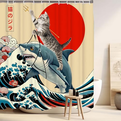 Image of Funny Japanese Cat Shower Curtain, Vintage Cat Riding Shark Japan Anime Sunset Wave Waterproof Shower Curtain with Hooks, Animal Fabric Shower Curtains Bathroom Decor 72X72inches