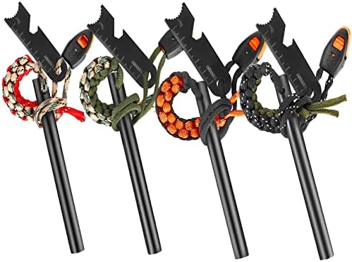 4 Pack Ferrocerium Drilled Flint Fire Starter, Ferro Rod Kit with Paracord Landyard Handle and Striker,Fire Steel for Emergency Survival Kits, Camping, Hiking, All-Weather Magnesium Ferro Rod