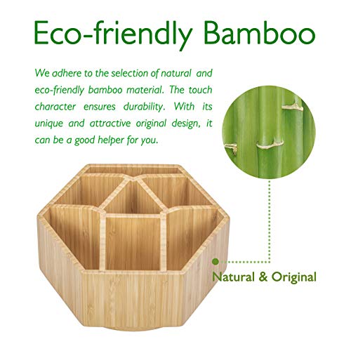 Houtingmaan Bamboo Office Supplies Organizer, 360 Degree Rotating Organizer with 7 Sections for Office Stationary, Like Pens, Marking Pens, Book Sewer, Knife, Clips, Sticky Notes and Calculator.