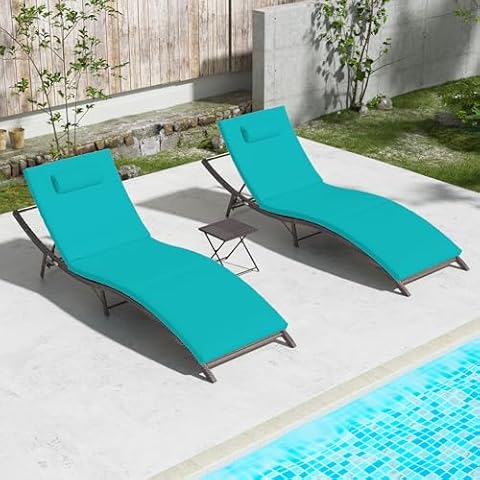 Kullavik Lounge Chair for Outside,3 Pieces Chaise Lounge Outdoor Folding Pool Lounge Chairs Including Table Rattan Patio Furniture Set,Light Blue Cover