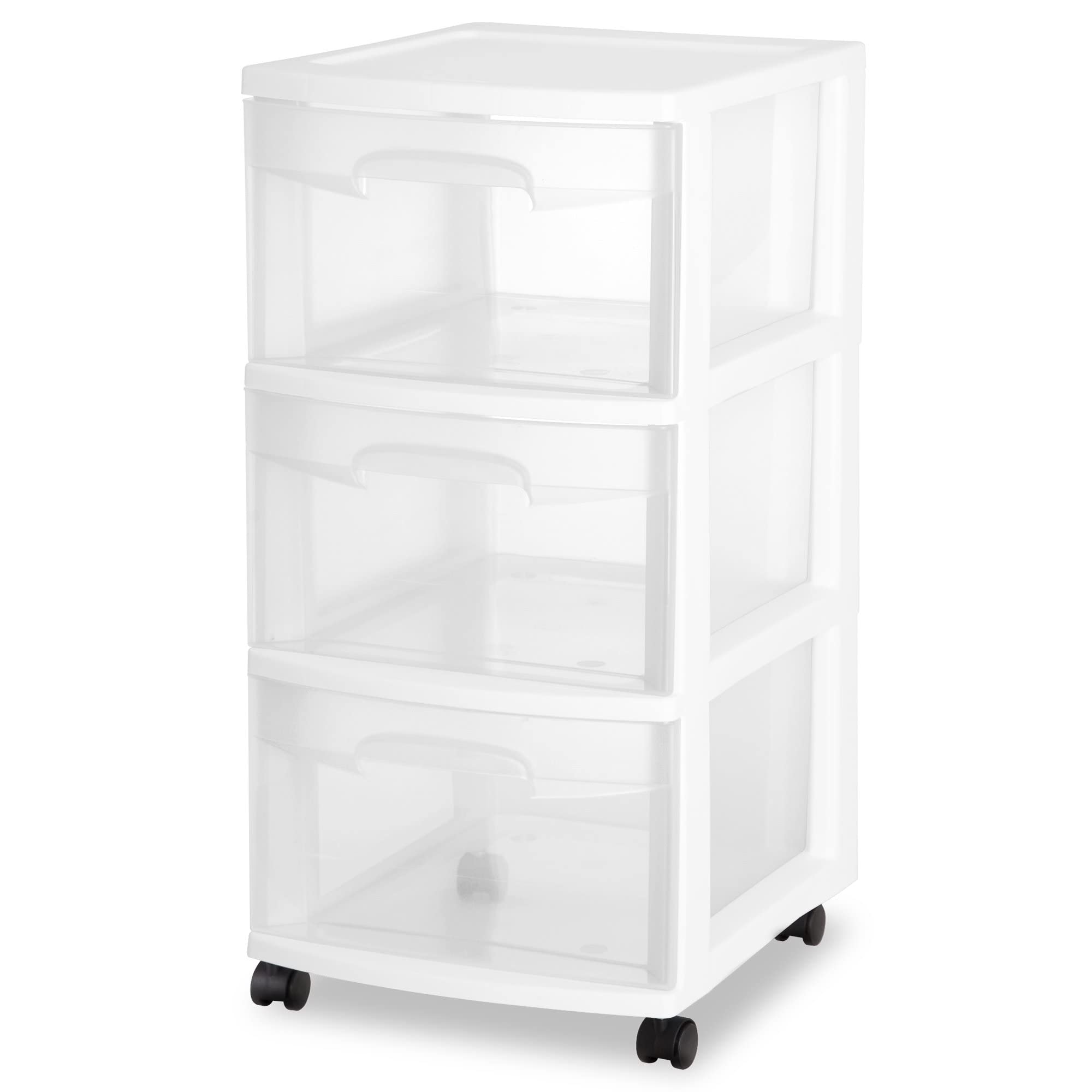 JJoiaS Plastic Storage Drawer Cart, Medium Home Organization Storage Container with 3 Large Drawers w/Removeable Wheels, White Frame with Clear Drawers and White Casters, Set of 1 (White)