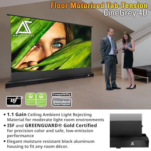 Image of Akia Screens 101 inch Floor Rising Projector Screen Motorized with Remote, ALR Projector Screen Ambient Light Rejecting Movie Screen for Standard Throw Projection Indoor, CineGrey 4D AK-FMT101UH2-C4D