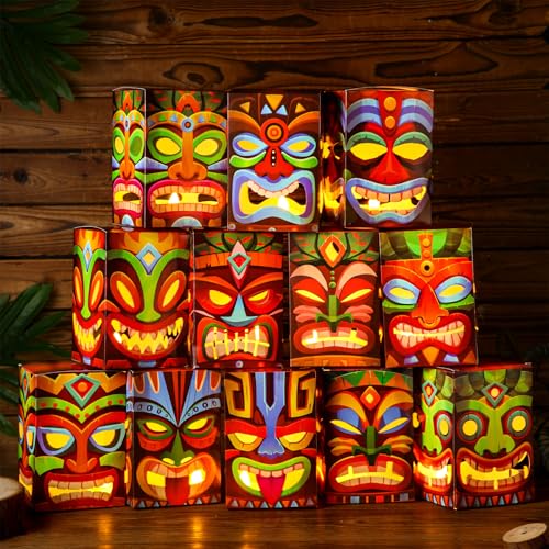 Baquler 24 Pcs Hawaiian Luau Party Decoration Tiki Totem Box Decor with Light Tropical Aloha Luau Decor Tiki Lighted Gift Boxes for Hawaiian Tropical Tiki Party Outdoor Indoor Supplies