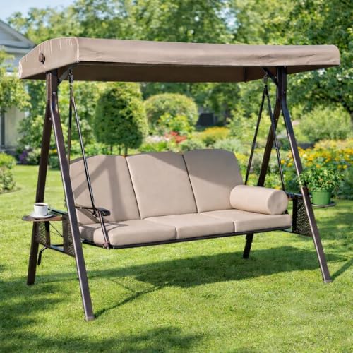 Image of Invezo Luxury Outdoor Garden Swing 3 Seater Jhula with Cushion and Waterproof Roof (Jhula for Adults, Outdoor Swing for Kids) Cup Holder and Round Pillow, Khaki Color