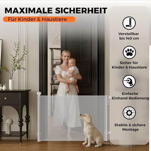 Allyson® Treppenschutzgitter Ausziehbar, Türschutzgitter bis 140 cm Treppengitter für Kinder & Haustiere, Kinderschutzgitter 85 cm Höhe, Haustierschutzgitter Einziehbar, Verstellbar & Stabil – Weiß