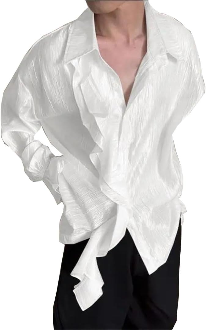 Men Spring Solid Color Pleated Ruffle Lapel Long Sleeve Shirt Loose Casual Top