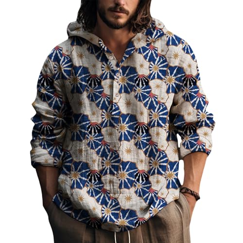 Men's Hooded Terry Cloth Pullover Sweatshirt Long Sleeve Button Down Loose Fit Artistic Print Casual Top