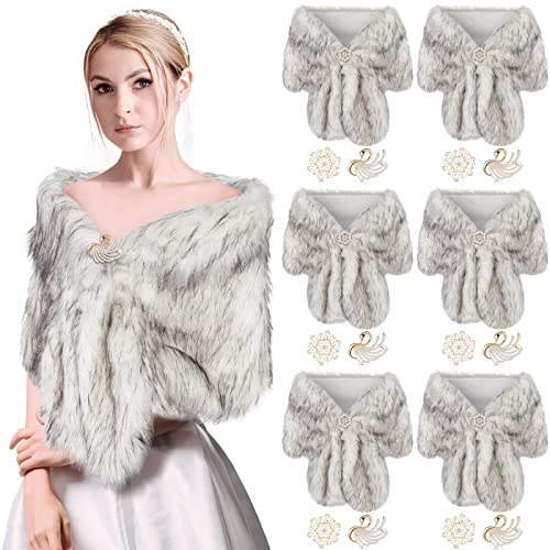Geyoga 6 Pack Women's Faux Fur Shawl Fur Bridal Bridesmaid Wrap Winter Wedding Scarf Stoles with Pearl Rhinestone Brooch