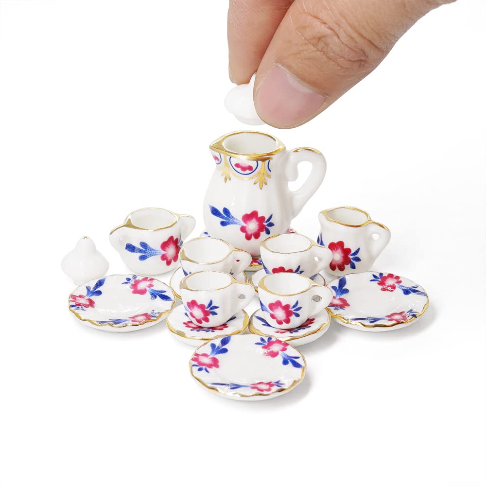 Odoria 1/12 Scale Dolls House Miniature Tea Sets 15Pcs Dollhouse Accessories, Purple Blossom