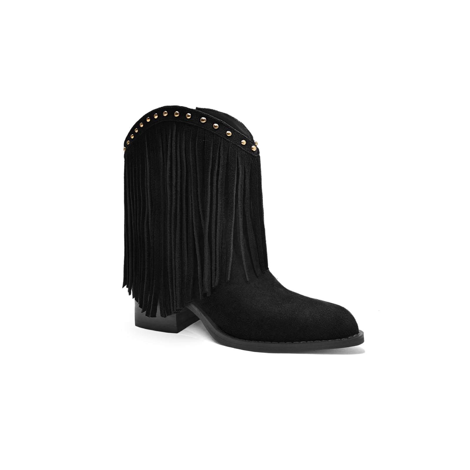 Womens Fringe Cowboy Cowgirl Boots Chunky Heel Suede Boots for Women Mid Calf Snip Toe Pull On Studded