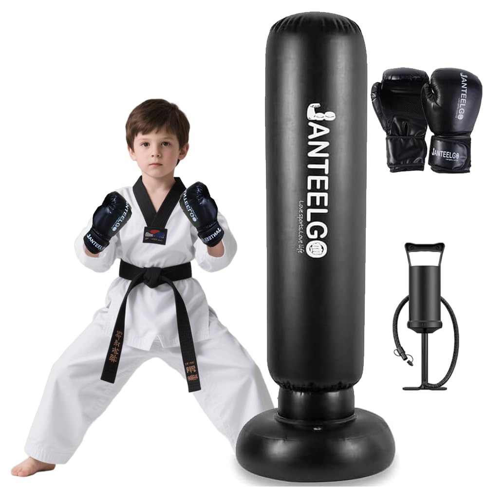 Sacco da Boxe da Terra con Guantoni da Boxe: JanTeelGO 150cm Sacco Box Bambino Allenamento Boxe - Punching Ball Bambini e Ragazze Età 3-12 per Praticare Karate, Taekwond