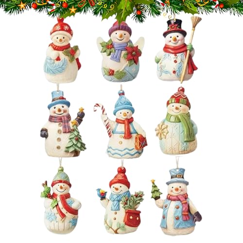 Snowman Ornament, 9 Piece Hanging Set, Wooden Figurine Collectibles, Holiday Craft Pendants, Festive Decor Accents for Patio, Garden, Home, Kitchen, Wall, Window, Party, Outdoor Decorations