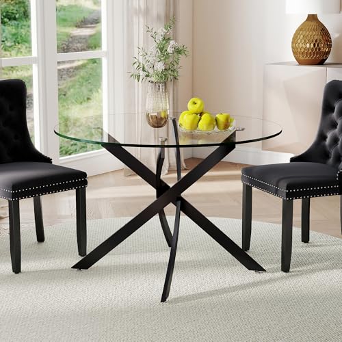 KATBOC 36-Inch Round Tempered Glass Dining Table for 2-4 Person Space-Saving Small Kitchen Table with Heavy-Duty Black Metal Legs Perfect for Breakfast Nook, Studio Apartment & Bistro Setting