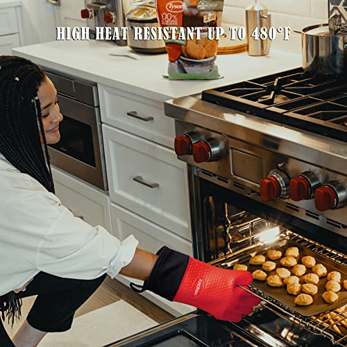 Kitchen Oven Gloves - Silicone And Cotton Double-Handle Hot Food Right On Your Grill Fryer &Pit|-Layer Heat Resistant Oven Mitts/Bbq Gloves/Grill Gloves - Perfect For Baking And Grilling #TOP3