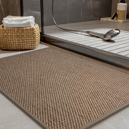 PADOOR Non-Slip Bath-Mats, Rubber-Backing Braided Absorbent Bathroom Mat Machine Washable Thin Bathroom Rugs Fit Under Door Quick Dry Bath Rugs for Floor, 17''x24'' Brown Brown 17''x24'' Rec
